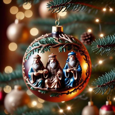 very realistic close-up photograph of a  Christmas sphere with a three wise men on it hanging in a Christmas tree branch