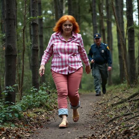 Full body shot desperate to escape a obese
 Scottish Mature Woman curly red teased hair  a ((pink gingham button down shirt)) pink calf  cuffed carpi jeans gold flat sandals is arrested by a guard through the woods uwe