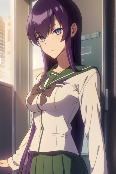 saekobusujima, <lyco:saekobusujima-LYCORIStest:1>,
saeko busujima, long hair, purple hair, (purple eyes:1.1), hair between eyes,
BREAK skirt, long sleeves, bow, school uniform, serafuku, green skirt,
BREAK looking at viewer,
BREAK indoors, classroom,
BREAK <lora:GoodHands-vanilla:1>, (masterpiece:1.2), best quality, high resolution, unity 8k wallpaper, (illustration:0.8), (beautiful detailed eyes:1.6), extremely detailed face, perfect lighting, extremely detailed CG, (perfect hands, perfect anatomy),