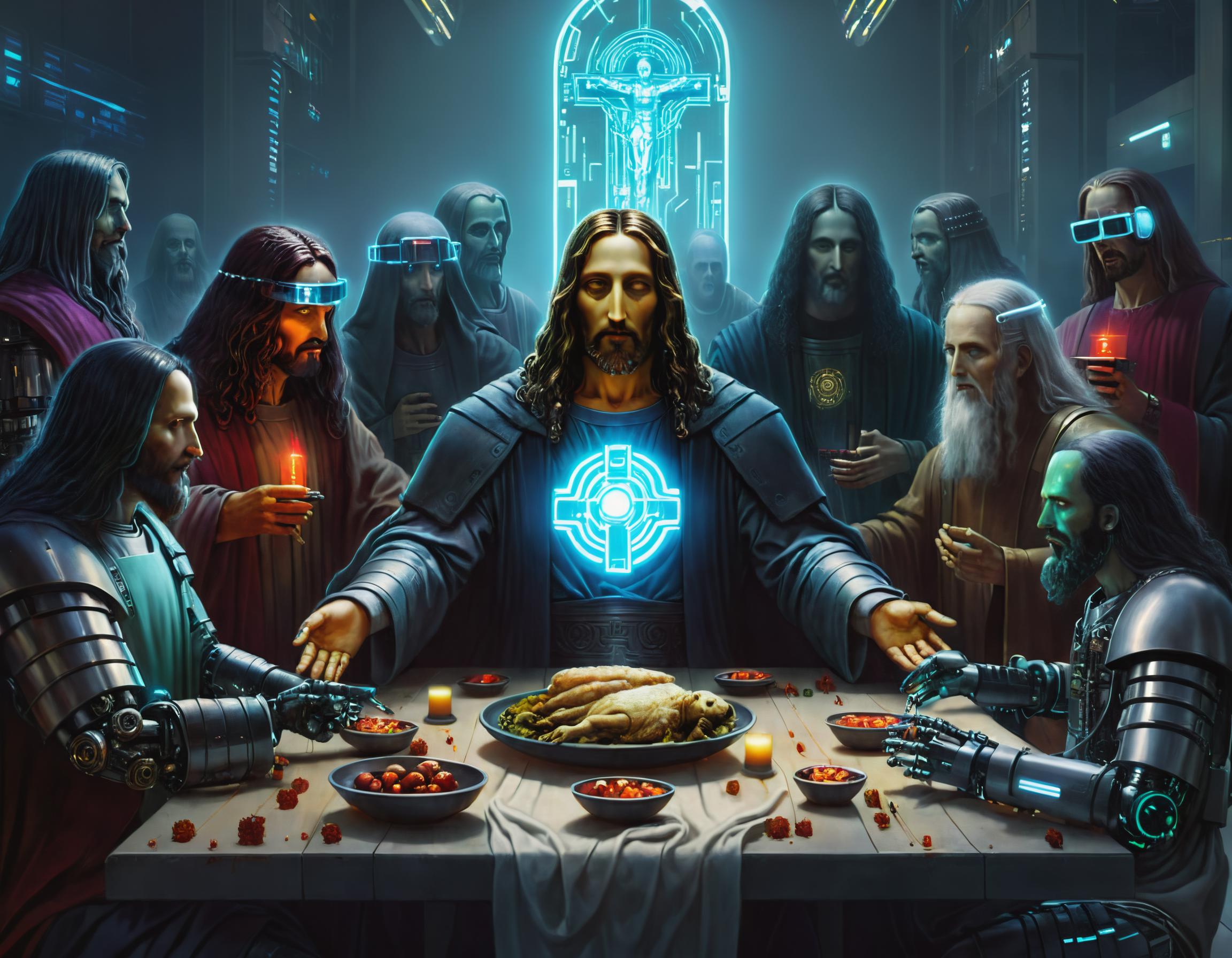 A digital painting of Jesus and his disciples having a feast, with a blue cross in the center of the table.