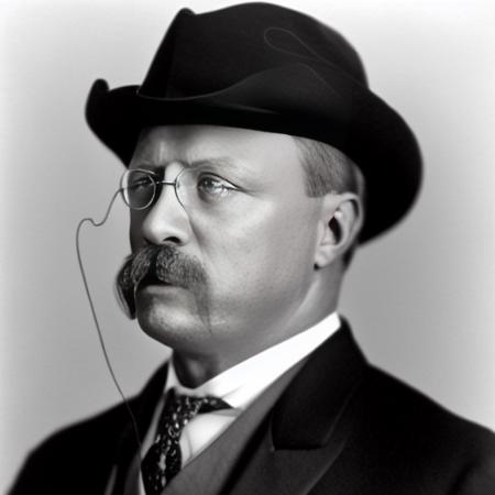 teddy r, solo, 1man,  tan hat, closed mouth, monochrome, greyscale, male focus, wire rim glasses, black background, mustache     <lora:Teddy_R-1.5:0.85>