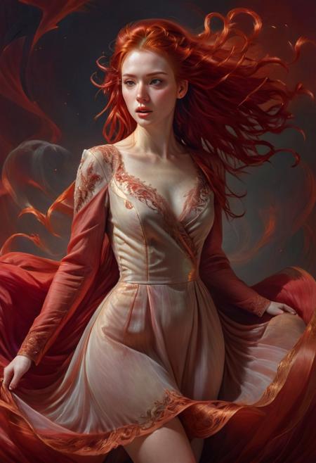 S_JStyle,1girl, dress,flowing red hair, Best quality, 4k, Extremely detailed hyper realistic. art by apterus