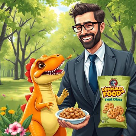 Create a bright and funny promotional illustration for dinosaur food that should look like a real photo. The painting depicts a man in a stylish business suit smiling as he feeds a small dinosaur the size of a cat. The dinosaur looks friendly and playful, with bright colors and cute facial features. Around them is a green park with trees and flowers, creating an atmosphere of joy and comfort. In the background, you can add a package of dinosaur food with a bright logo and slogan, emphasizing that this food is an ideal choice for small dinosaurs. It is important that all the elements of the image look realistic, as if it were a real photograph."