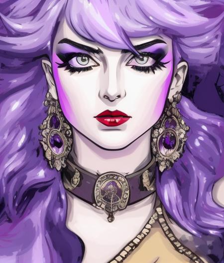 a closeup stylized portrait of a woman's face, eyeliner5, very2, in the style of hadesstyle1, heavy eyeliner, bleached hair, black lipstick, bleached purple hair, purple hair