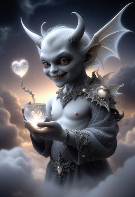3D surrealism, projection dark nature, magic story,
sfumato, airiness, lightness, fractal, glitter, 32 k Canon, ultra W Q H D+. Scary Demon holds a little Demon in the palm of his hand. Little Demon smiling with a small glass heart inside with a white angel . On his shoulder a white bat grinning . Clouds of gray and beige smoke with sparks covered them. fractal of the sunset sky.