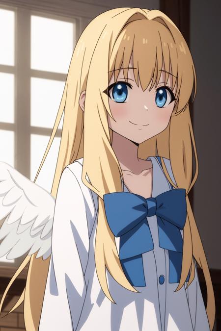 filo , anime art style, 1girl, solo, long_hair, looking_at_viewer, smile, bangs, blue_eyes, blonde_hair, dress, bow, closed_mouth, collarbone, upper_body, wings, bowtie, white_dress, parted_bangs, blue_bow, feathered_wings, bird_wings