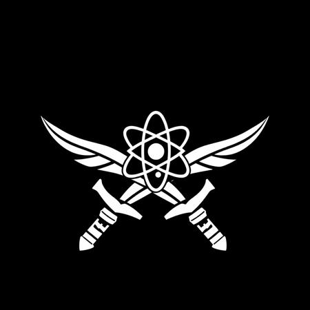(stylized logo, emblem, vector art), (symbol of a crossed swords with an image of an atom in the center), (solid colors, thick-linework), white outline, black background, 
crossed swords with the emblem of the atom symbol white in the center, heraldic, black background, HDR, UHD,