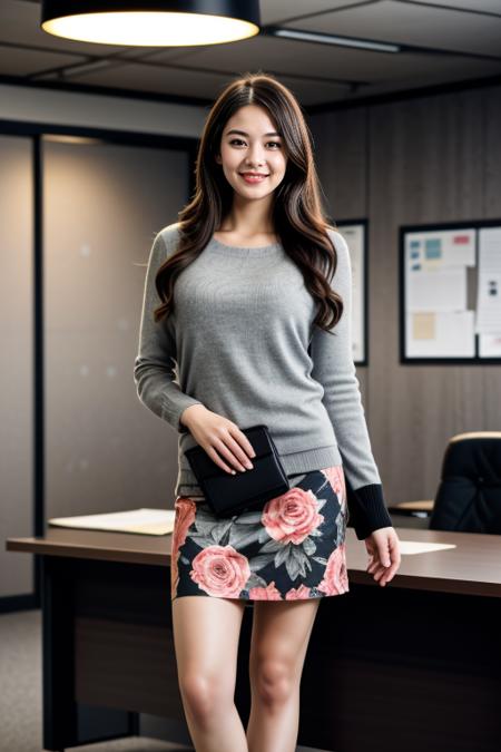 ((Masterpiece, best quality, cinematic lighting, 8k, full body shot, long hair, hour glass body)), (smile:0.85), (realistic background)
<lora:Floral_Sweater_Skirt_By_Stable_Yogi:1> grey sweater, black skirt, floral print, office environment, hand bag