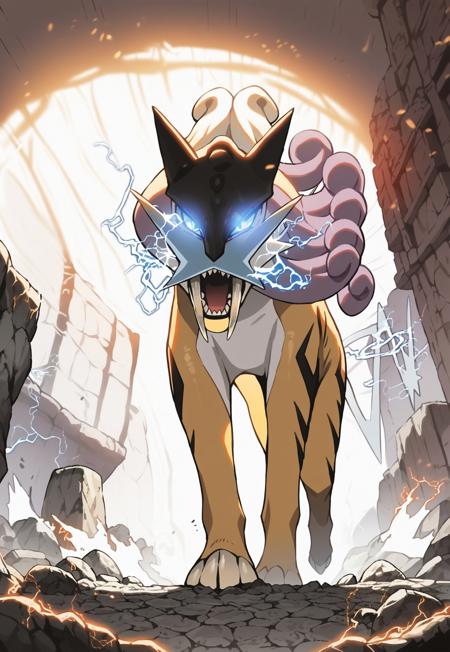 (score_9, score_8_up, score_7_up), anime style, source_manga, illustration by Jang Sung-rak, (detailed), detailed background, 2d illustration, (detailed face), face focus

(Glowing eyes), blue aura, dark fantasy, blue eyes, raikou,  <lora:POKEMON_RAIKOU> raikou, pokemon (creature), feral, canine, detailed body, 4legs, 

(solo), commanding presence, powerful presence, full body, evil presence,  (pouncing), (roaring, open mouth), sharp teeth, full body, electricity, debris

underground dungeon background, 


shallow depth of field,
(cinematic lighting), (4K image quality:1), (sharp detail:1), (highly realistic:1), dim warm cinematic lighting
