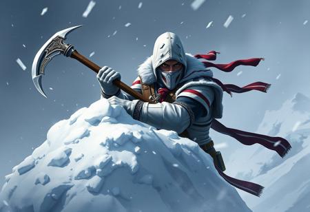 Create a highly detailed, dynamic concept art piece featuring a white American soldier from Mortal Kombat 11, wielding a sickle and taking cover behind a pile of snow. The character should be in an action pose, with a sharp focus on their facial expression and attire. The background should be a cold, snowy environment, with elements inspired by the fantasy world of Genshin Impact. The art style should be reminiscent of Dungeons and Dragons illustrations, with a matte finish and trending aesthetics found on Artstation. The image should be suitable for featuring on Unsplash.