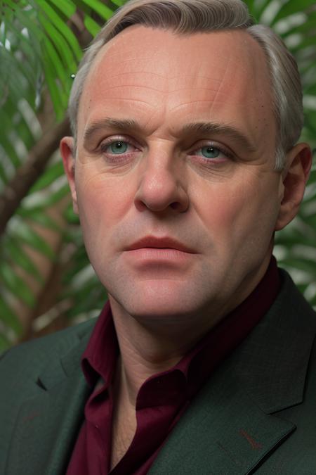 a man in a colored suit, in a jungle paradise, clean shaven, ((close up, face)), raw, 8k uhd, <lora:anthonyHopkins:1>