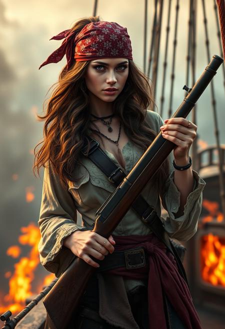portrait of a stunning (Japanese:1.4) pirate woman, bandana, long wavy brunette hair, holding flintlock musket, standing on deck of burning ship, mythp0rt