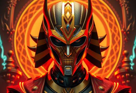 Create a high-resolution, cinematic image of Elemental HERO Bladedge merged with Curse of the Masked Beast, inspired by storm Egyptian gods and 1970s X-Men art style. The character, named Chad, should be depicted with epic bionic cyborg implants, set against a rich, deep, symmetrical Neo-Gothic background. Incorporate Fibonacci elements and micro details, with a focus on lifelike, photorealistic quality. The image should evoke a sense of luxury and have a vibrant, high-contrast color scheme. The final image should be in 8K resolution, with a 16:9 aspect ratio, and be suitable for use as a film still or diorama. Incorporate the style of Ayami Kojima, Amano, and Ilya Kuvshinov, with a focus on cohesive, atmospheric lighting.