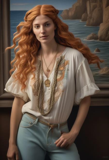 Simonetta Cattaneo Vespucci, Botticelli's model for Birth of Venus, embodying her classic beauty in casual fashion, t-shirt and jeans, (ginger type), hair intertwined in intricate braids, modern dress, soft pastel, high color contrast, gently faded tones, timeless elegance, highly detailed, master's touch, casual elegance, chiaroscuro lighting, evocative old-world charm. Ektachrome analog film print
