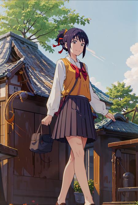 <lora:miyamizu_mitsuha:0.75>,miyamizu_mitsuha,(full body),(smile),yellow school uniform, white shirt, black school skirt, outdoors,(light rays:1.2),(sun:1.2),(blue sky:1.1), park,flowers,lawn,trees,from below,