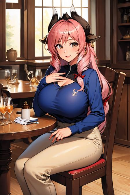 masterpiece, best quality,   <lora:ysragingbull-nvwls-v1-000009:0.8> ysRagingBull, horns, cow ears, earrings, single braid, blue t-shirt, long sleeves, beige pants, sitting, indoors, tavern, smile, large breasts, chair