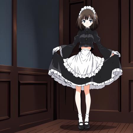 RurikawaTsubaki,1girl,brown hair,short hair,blue eyes, maid headdress maid,black jacket,wide_sleeves, white gloves, waist apron, skirt,frills, white socks, mary janes,