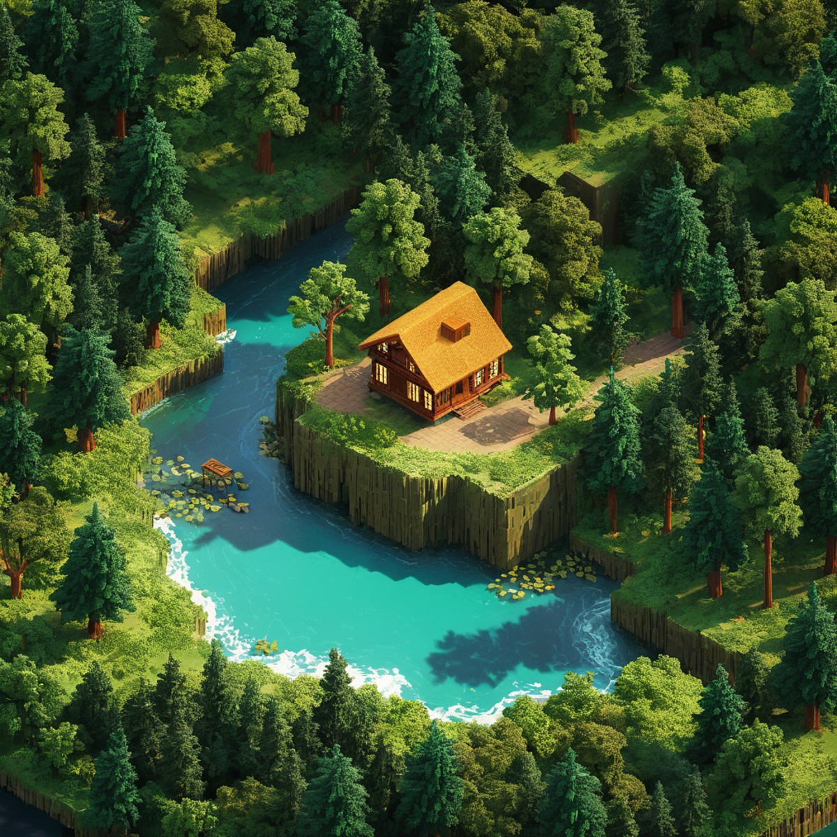 isometric style small cabin, forest, river, tilemapstyle, voxell, tile, scenery, <lora:TileMapStyle_v1:0.85> . vibrant, be...