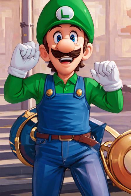 Highly detailed, High Quality, Masterpiece, beautiful, Luigi, <lora:Luigi-09:0.7>, 1boy, solo, smile, cowboy shot, <lora:Style_Illumination:0.8>