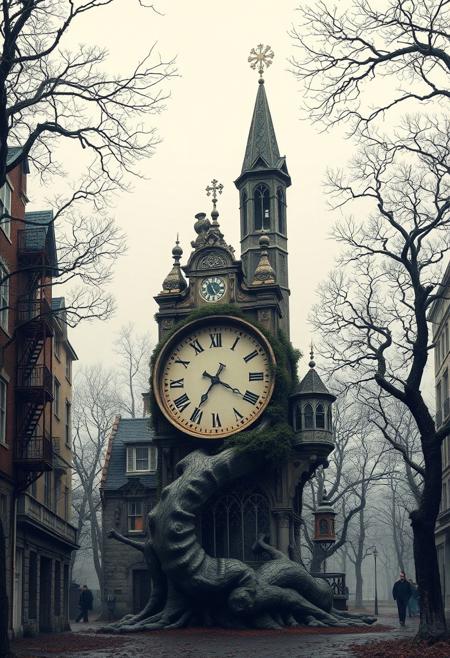 realistic photo ral-frctlgmtryshapes and melting clocks with odd buildings and strange trees