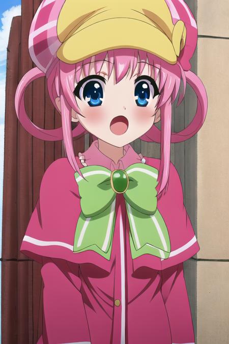 masterpiece, best quality, absurdres, cute, ultra-detailed, outdoors, <lyco:detective_opera_milky_holmes:0.7>,sherlock shellingford, detective opera milky holmes, 1girl, solo, blush, smile, open mouth, detective, pink capelet, deerstalker, :o, hair rings