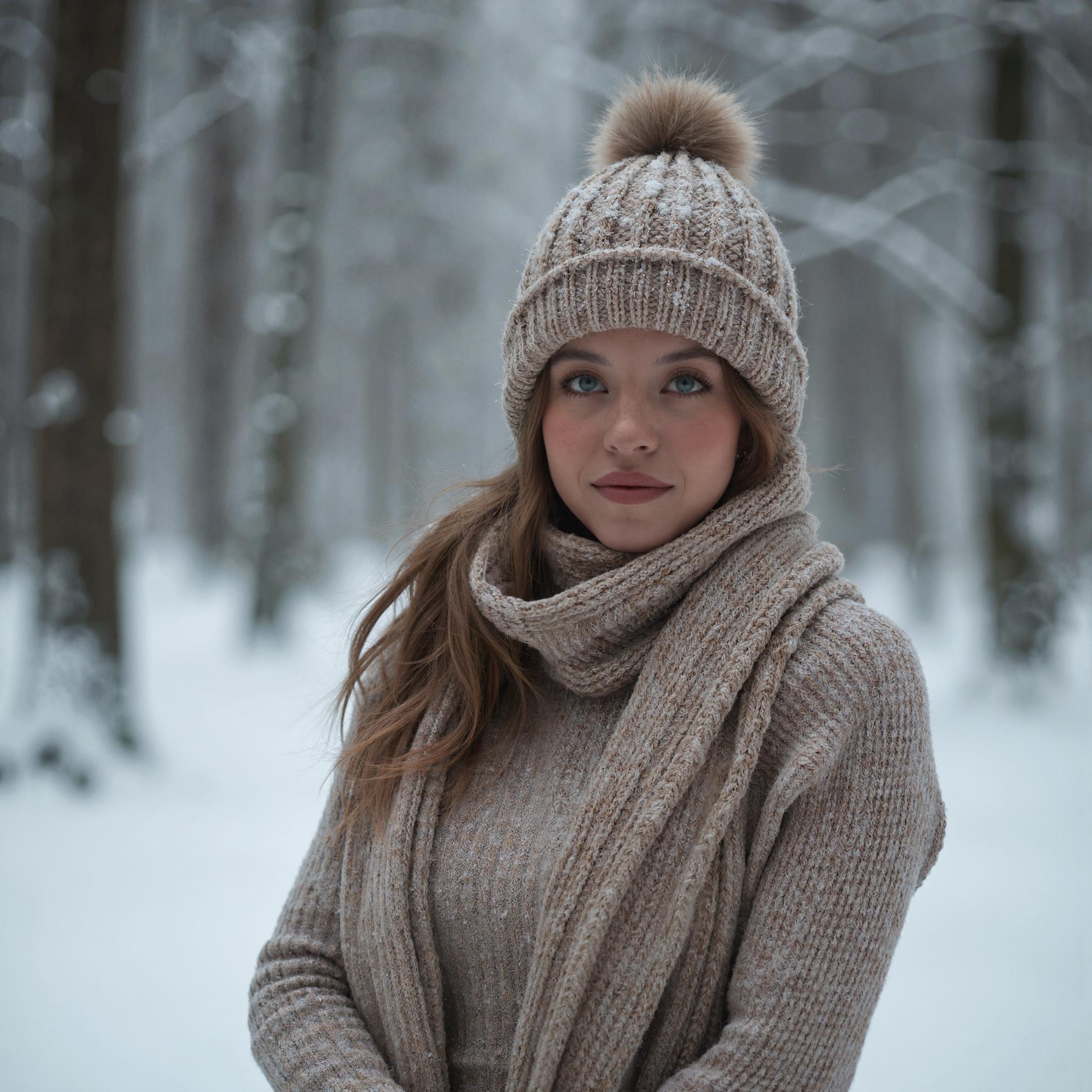 A close-up photograph of sw33ny standing in a cold, snowy forest, capturing the serene and wintery atmosphere. She is dressed warmly, wearing a tight, form-fitting sweater that hugs her figure, providing both warmth and style. The sweater could be a soft, knitted material in a neutral or earthy color, complementing the natural winter surroundings.

She is also wearing a cozy bobble hat that adds a touch of playfulness and warmth to her outfit. The hat is snug, with a fluffy pom-pom on top, and is possibly knitted in a complementary color to her sweater. Her hair peeks out from under the hat, either in soft waves or neatly tucked inside.

The background features a dense forest blanketed in snow, with tall trees standing silent and still, their branches heavy with fresh snow. The cold air is visible, adding a crisp, frosty texture to the scene. The soft, diffused light of a cloudy winter day illuminates the scene, creating a gentle, even glow that highlights her  features.

Her expression is calm and peaceful, with a slight smile or a serene look, reflecting the tranquility of the snowy environment. The close-up composition focuses on her face and upper body, allowing the details of her cozy winter outfit and the snowy backdrop to be clearly visible.

The overall mood of the photograph is serene, cozy, and wintery, capturing sw33ny in a moment of quiet beauty amidst a snowy forest. The combination of her warm, stylish outfit and the cold, crisp setting creates a visually pleasing and atmospheric image.