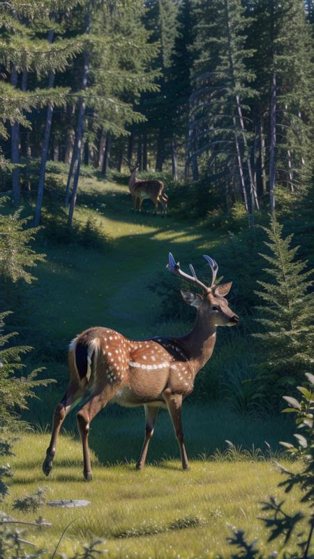 high quality, high resolution, extreme detail, masterpiece, forest, grassy field, deer, <lora:Deer_LoRA:1>, close up