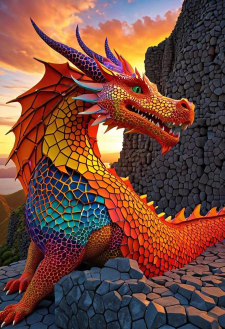 Geometric Transformation, ((Dragon)) made out of voronoi,  basalt columns, cliff edge, sunset, dramatic, vibrant colors, vivid colors, Masterpiece, best quality, amazing quality, volumetric lighting, SFW, PG, exquisite detail, digital art, highly detailed, beautiful, surreal, lazypos,