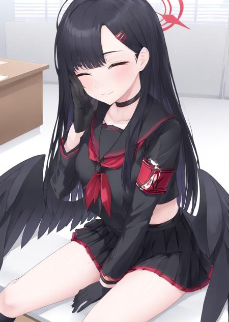 <lora:IchikaXL:0.9> 1girl, armband, bangs, black choker, black hair, black panties, black serafuku, black shirt, black skirt, black socks, black wings, blush, breasts, choker, classroom, closed eyes, gloves, hair ornament, hairclip, halo, long hair, long sleeves, looking at viewer, low wings, lying, medium breasts, open mouth, pleated skirt, pussy, red neckerchief, sailor collar, school uniform, serafuku, shirt, simple background, skirt, solo, white background, wings, high quality, best quality, masterpiece, best rendering, animated by Kyoto  Animation, animated by ufotable, animated by A-1 Pictures