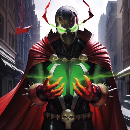 spawn, male focus, solo, red cape, gloves, superhero, bodysuit, upper body, skull, looking at viewer, magic, green fire, hand up, streets, intricate details, masterpiece, absurdres, best quality, cowboy shot <lora:spawn:0.9>