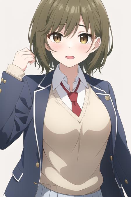 masterpiece, best quality, 1girl, solo,higashira isana,brown hair,green hair,short hair,eyebrows hidden by hair,brown eyes,school uniform,blue jacket,open jacket,long sleeves,grey sweater vest,white shirt,red necktie,blue pleated skirt,<lora:isana:0.6>,white background, simple background, 