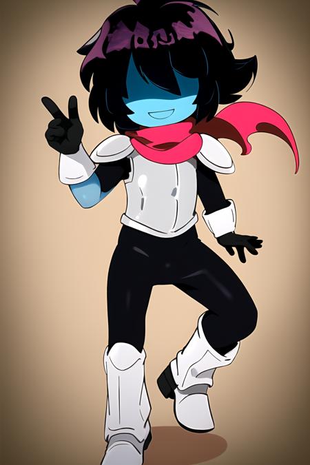 masterpiece, best quality, highres, 1other, hair over eyes, colored skin, solo, blue skin, smile, androgynous, black bodysuit, bodysuit, simple background, purple background, 1boy, black hair, gloves,red scarf, medium hair,  <lora:KrisDeltarune:1>, armor,