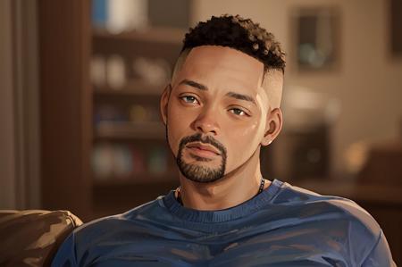 a realistic portrait of Will Smith with a sad look on his face, dof , blurry background