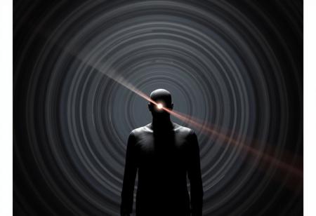 A chrome and silver beam hitting a human 100 metres away. The beam is about 1 metre thick and surrounded by multiple concentric grey and white circles of varying diameter
