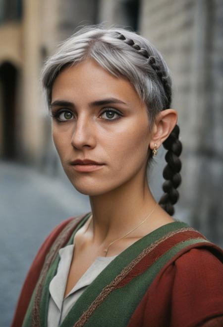 Photography in (stvmccrr style), analog film, film grain, kodachrome, natural lighting, 8k, hdr, masterpiece, award winning photography, (frieren, pointy ears, elf, earrings, twintails, parted bangs, grey hair, thick eyebrows), ancient roman street corner
