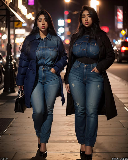 <lora:208B684167:1.2> ((Scarlett m rose)), ((scarlett m rose face)) beautiful busty and curvy body, in a nightiime city wearing a winter coat and jean pants. Sfw. Elegant