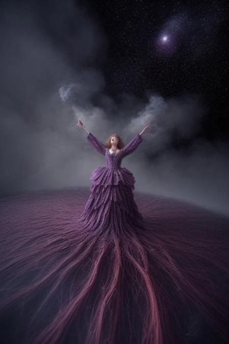 surreal, waltz of fractal smoke over the abyss, fantasy smoke, dresses and stars, dynamics, movement, wind, colorful, intricate details, perspective, hyper-detailed, hyper-realism, professional photoshoot