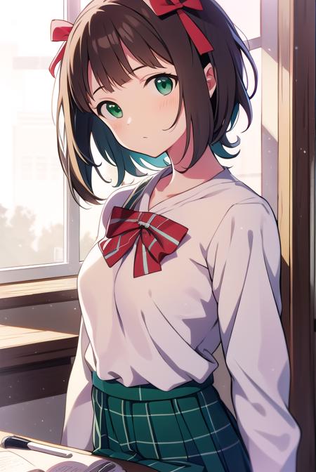 harukaamami, <lyco:harukaamami-LYCORIStest:1>,
haruka amami, brown hair, (green eyes:1.5), short hair, (hair bow:1.5), hair ribbon, bangs, blunt bangs, (small breast:1.2),
BREAK bag, bow, school uniform, serafuku, skirt, sweater, long sleeves, red bow, blue skirt, grey sweater,
BREAK looking at viewer,
BREAK indoors, classroom,
BREAK <lora:GoodHands-vanilla:1>, (masterpiece:1.2), best quality, high resolution, unity 8k wallpaper, (illustration:0.8), (beautiful detailed eyes:1.6), extremely detailed face, perfect lighting, extremely detailed CG, (perfect hands, perfect anatomy),