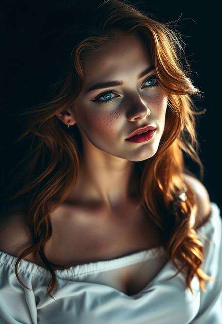 A cinematic portrait of a captivating 25-year-old woman, her fair skin adorned with freckles, illuminated by dramatic, chiaroscuro lighting that accentuates her features. Her piercing blue eyes, framed by a cascade of long, flowing fiery red hair styled in loose, passionate waves, exude a sense of commanding allure. A soft, ethereal light illuminates her delicate features, enhancing the natural beauty of her expertly applied makeup: a smoky eye with a blend of deep burgundy and charcoal shades, precisely applied eyeliner to accentuate her almond-shaped eyes, a contour that subtly defines her cheekbones, and a matte red lipstick that complements her skin tone. She strikes a confident pose, her body language exuding both sensuality and assertiveness. Her head is tilted slightly back, her eyes closed in a moment of passionate surrender. Her simple yet alluring outfit, a white, off-the-shoulder crop top that draws attention to her graceful collarbones, paired with high-waisted, light-wash jeans that accentuate her figure, adds to her powerful and confident demeanor. The photographer has masterfully captured a moment of timeless elegance, her gaze direct and unwavering. The image evokes a feeling of empowered femininity.