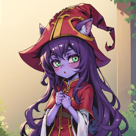 best quality, masterpiece, <lora:PhantomIxRow-000055:1>, phantixrow, 1girl, solo, purple hair, long hair, green eyes, blush, ears trough headwear, witch hat, red dress, red headwear, purple skin, outdoors, looking at viewer