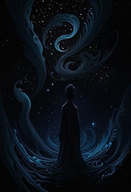 A hauntingly immersive feeling of aetheric melancholy swirls in depths of a cosmic void, where shadows converge in a symphony of obsidian hues. The main subject is a mysterious figure shrouded in darkness, exuding an aura of profound sorrow and enigmatic allure. This digital painting evokes a sense of otherworldly beauty, rendered with intricate details and rich textures that seem almost palpable. The transcendent quality of the image transports viewers to a realm of profound introspection and mystery.