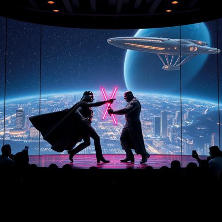 immaculately detailed realistic ultra quality image focused on Darth Vader (Star Wars) and Thanos (Avengers) engaged in a duel on a futuristic stage micro-LED lighted, behind the dancer on the stage is an enormous seamless and futuristic wall to wall and floor to ceiling window that looks out at a the planet's surface covered with the lights of enormous buildings and cities, An enormous deco starship with futuristic lighting and an enormous space station are visible in the background among the stars, Artistic art deco, dynamic perspective, (((overall architectural aesthetic is Art Deco Cyberpunk))).  Epic image that elicits a feeling of romanticism, wonder, and awe, the silhouette of the audience can be seen in the foreground that show the enormous scale of the stage and seamless window behind it,