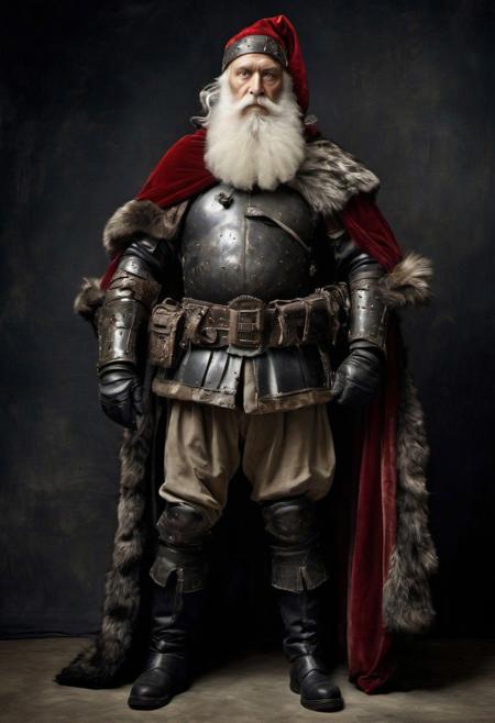 occidental bearded mature Santa Claus,  very muscular, vascular, heavy armour, leather armour, he wears a fur capeline, black clothes, relaxed standing pose, dirty black coal arms and hands, grotesque environment, extremely beautiful, by Joel Peter Witkin