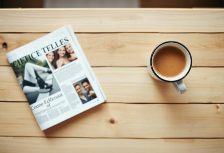 A view from the top of a wooden table with a coffee mug and a magazine, classic stock photo, chill vibe, latte cafe on a classic wooden kitchen table. Empty table except the coffee mug. Coffee mug on the far right. Clean mug with fresh coffee, light foam on coffee. No space between plank, glued plank without gaps. Light coloured wood. Coffee mug should take 1/16 of the image. View from far above. Large table, small mug. Mug on top right corner. Tiny mug. Focus on table, not on mug. Mug should be on the right edge.