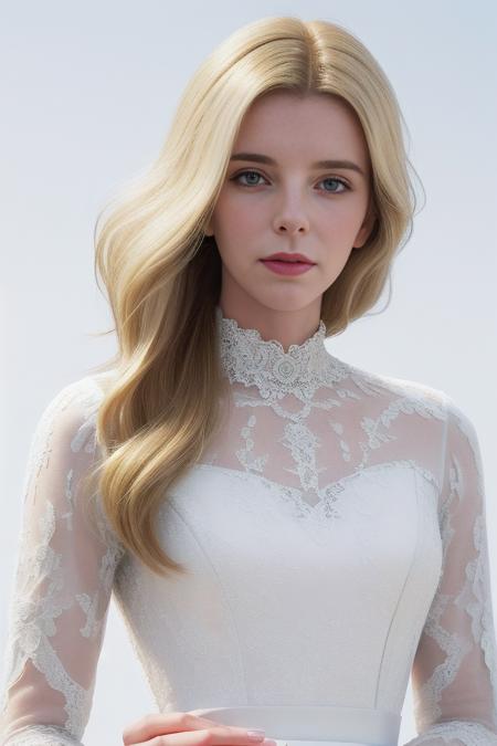 <lora:betty_gilpin_lora_v1> betty_gilpin, 1girl, solo, blonde hair, long hair, looking at viewer, formal ball gown, white gown, collar up to neck, lace trim, detailed, close up, professional photograph