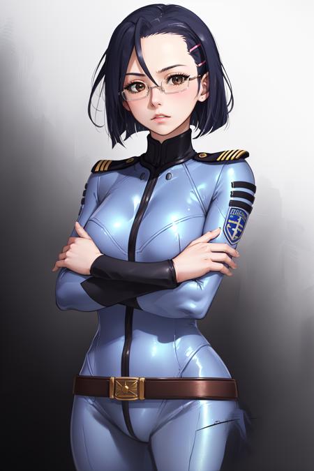 (masterpiece, best quality:1.2), <lyco:spacebattleship_niimi-11:1.0>, cowboy shot, solo, 1girl, niimi kaoru, expressionless, looking at viewer, crossed arms, hairclip, glasses, bodysuit, uniform, belt