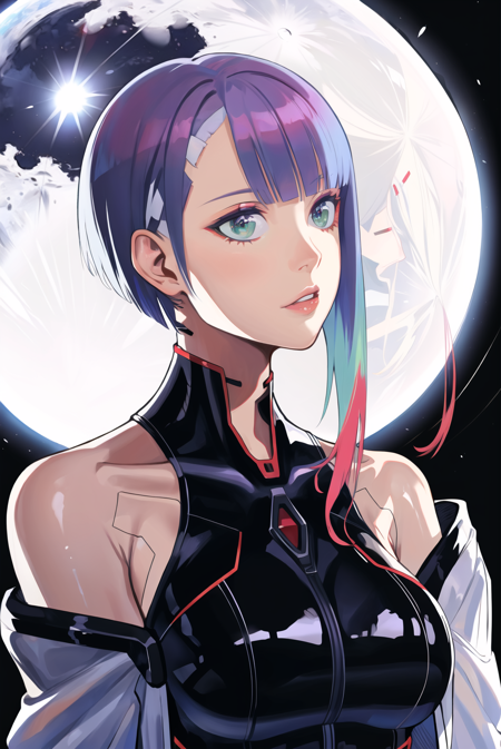 etama quomo <lora:etama_quomo_offset:1>, lucy \(cyberpunk\) <lora:lucy_offset:1>, 1girl, blue hair, bodysuit, cyberpunk, cyborg, expressionless, green eyes, head rest, looking to the side, moon, multicolored hair, off-shoulder jacket, off shoulder, parted bangs, purple hair, red eyeliner, red lips, reflection, short hair, solo, cyberpunk edgerunners , (masterpiece)