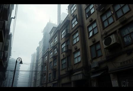 A highly detailed, photorealistic image of an urban cyberpunk style cityscape, with run down buildings close together, narrow alleyways, and fog, the view is low down near the street