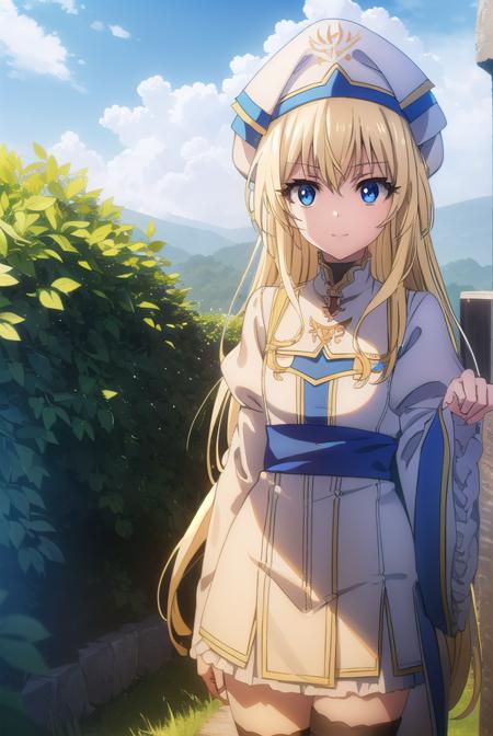 priestess, <lyco:priestesss2-lyco-nochekaiser:1>, 
priestess, blonde hair, blue eyes, long hair, hair between eyes, (small breast:1.2), smile,
BREAK boots, dress, frilled sleeves, frills, hat, white headwear, pelvic curtain, high heels, robe, thigh boots, thighhighs, white thighhighs, long sleeves, puffy sleeves,
BREAK outdoors, grass, nature, forest, cloud, sky, sun,
BREAK looking at viewer, (cowboy shot:1.5),
BREAK <lyco:GoodHands-beta2:1>, (masterpiece:1.2), best quality, high resolution, unity 8k wallpaper, (illustration:0.8), (beautiful detailed eyes:1.6), extremely detailed face, perfect lighting, extremely detailed CG, (perfect hands, perfect anatomy),