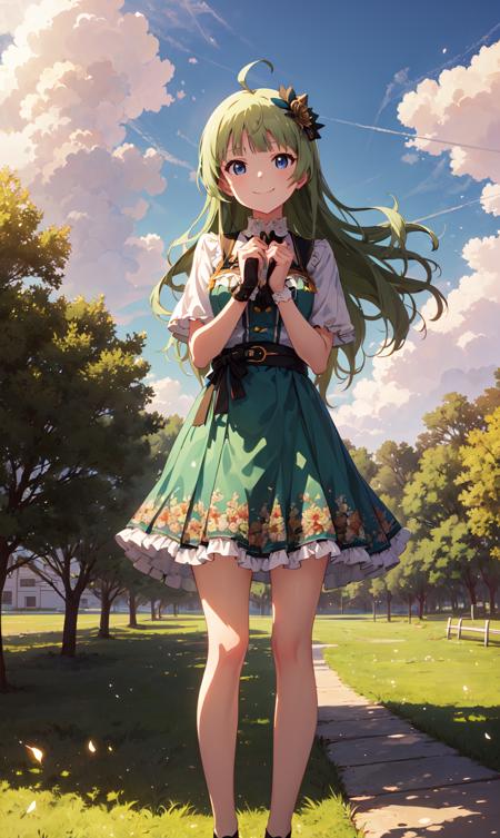 elena shimabara (million live), long hair, (best quality, 8K, masterpiece, ultra detailed:1.2)
light particles, wide shot, full body, standing, day, dappled sunlight, beautiful clouds,
1girl, solo, smile,